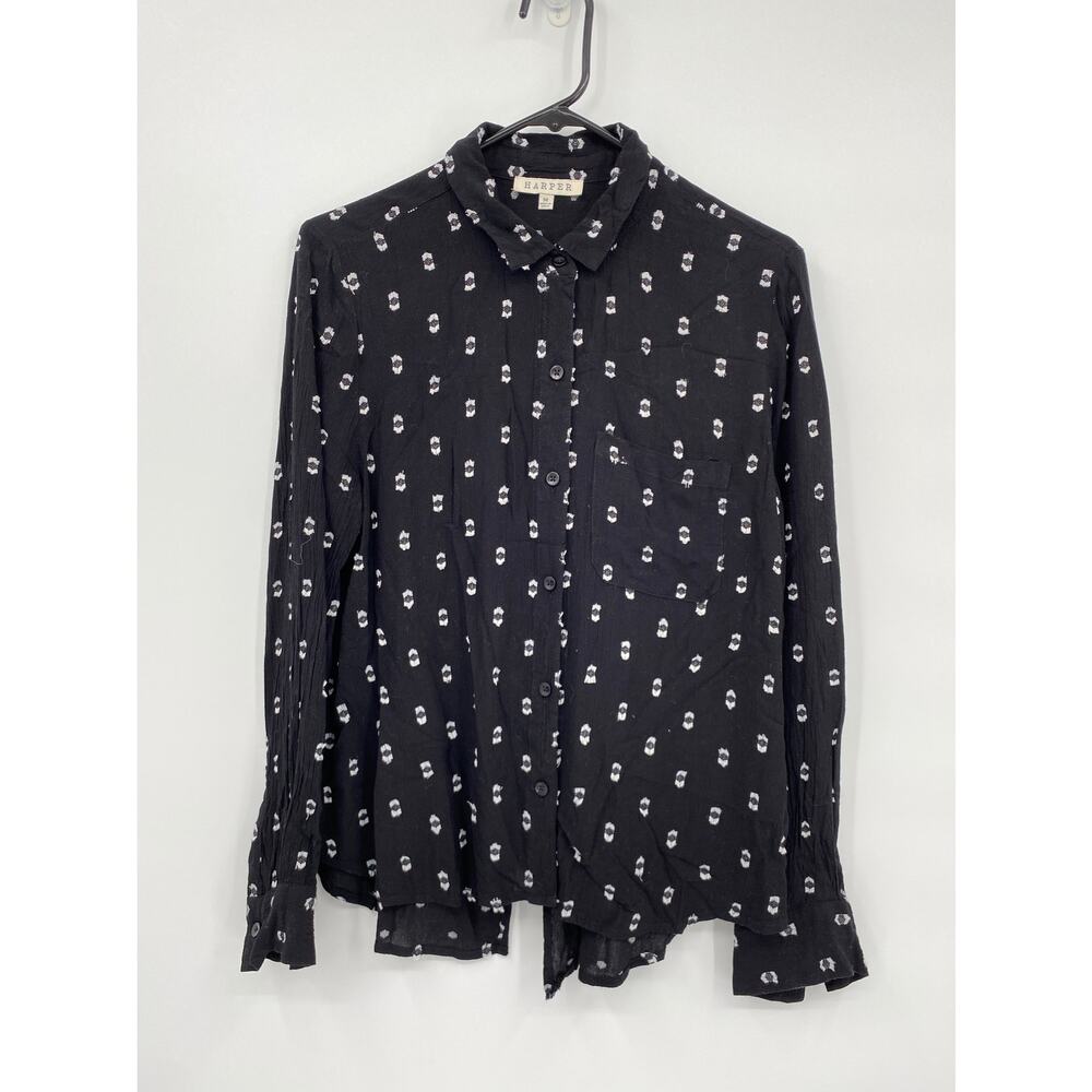 Harper Black Button Front Printed Long Sleeve Blouse Open Back Size Medium